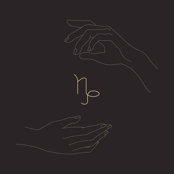 Oğlak burcunu tutan kadın elleri. Jest ve oğlak burcu işareti. Sihirli eller silueti. Taslak izole vektör illüstrasyonu. Logotype, dövme, yazdırma, simge için tasarım ögesi