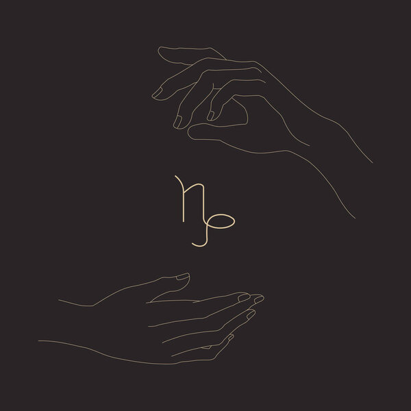 Женщины держат в руках знак Козерога. Жест и знак зодиака Козерога. Силуэт волшебных рук. Контур изолированной векторной иллюстрации. Элемент дизайна логотипа, татуировки, печати, значка