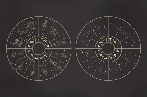 Zodiac tekerlekleri hazır. Kız şeklinde burçlar, semboller, takımyıldızları olan daireler. Astrolojik konsept siyah gradyan üzerinde izole edilmiş. Logo, baskı, dövme ve web için klasik vektör illüstrasyonuName.