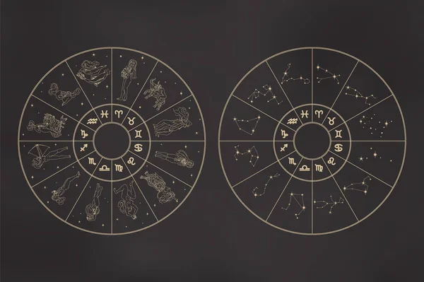 십이궁 별자리와 황도대 별자리와 그리고 있습니다 경사도에 스타일의 점성학적 빈티지 — 스톡 벡터