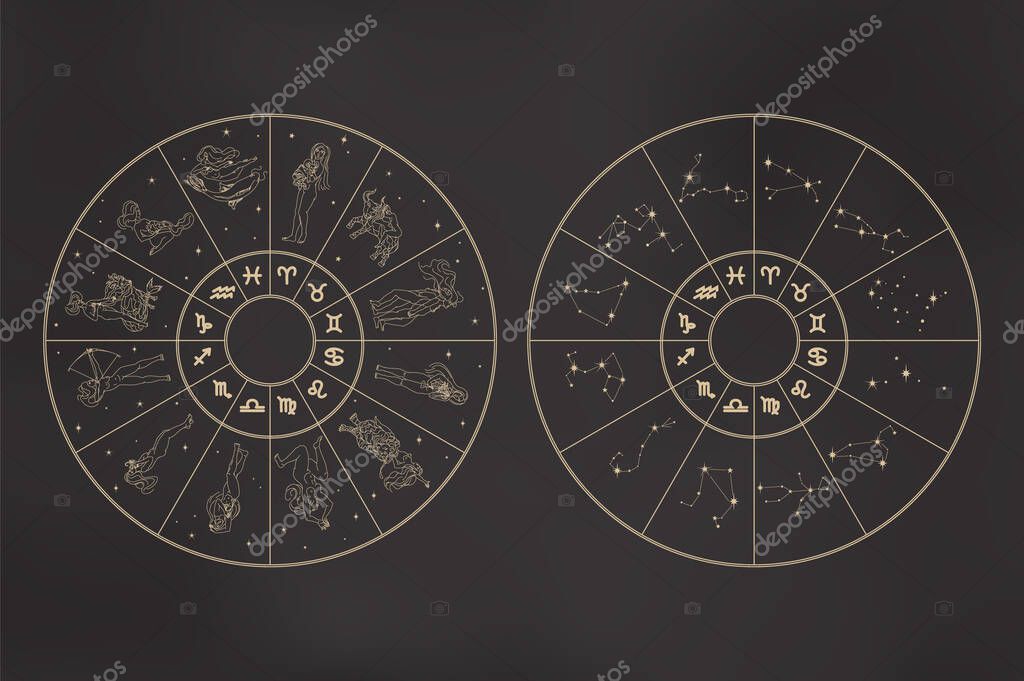 Zodiac wheels set. Circles with zodiac signs as girls, glyphs, constellations. Astrological concept in outline style isolated on black gradient. Vintage vector illustration for logo, print, tattoo, web.