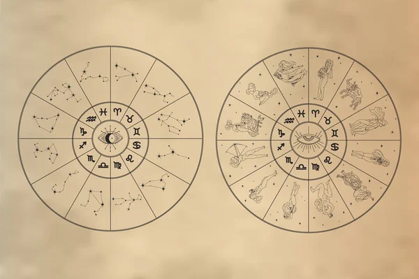 Zodiac Wheels Set Circles Zodiac Signs Girls Glyphs Constellations Astrological — Archivo Imágenes Vectoriales