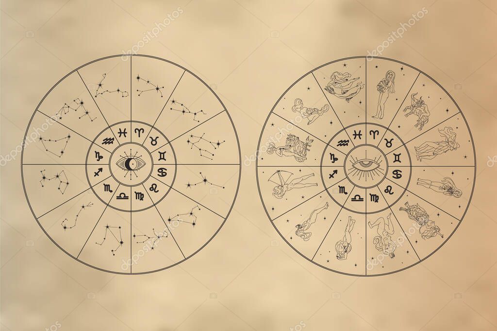 Zodiac wheels set. Circles with zodiac signs as girls, glyphs, constellations. Astrological concept in outline style isolated on gradient background. Vintage vector illustration for logo,print,tattoo