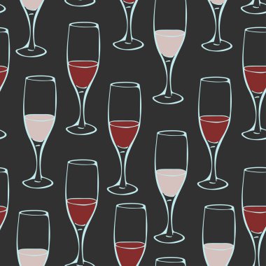 Koyu arkaplanda şarap kadehleri olan kusursuz bir vektör. Restoran şaraphanesi için tasarım konsepti. Duvar kağıdı veya menü tasarımı.