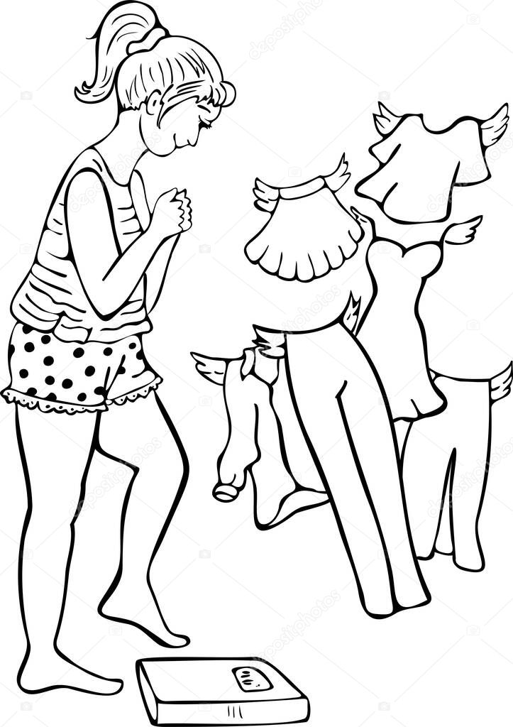 Vector illustration of a young woman weighing herself on the weight scale dreaming about clothes to fit. Black and white design for different purposes.