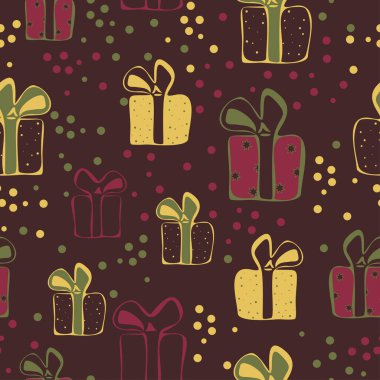 Renkli hediye kutuları olan kusursuz vektör deseni. Kumaş izi ve ambalaj kağıdı tasarımı için desen.
