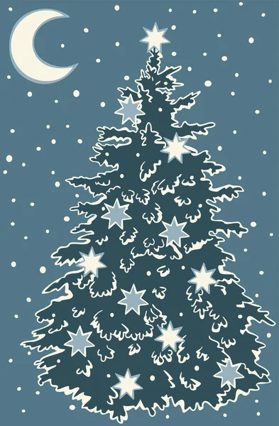 Carte Postale Vectorielle Avec Sapin Noël Décoré Nuit Sous Lune — Image vectorielle