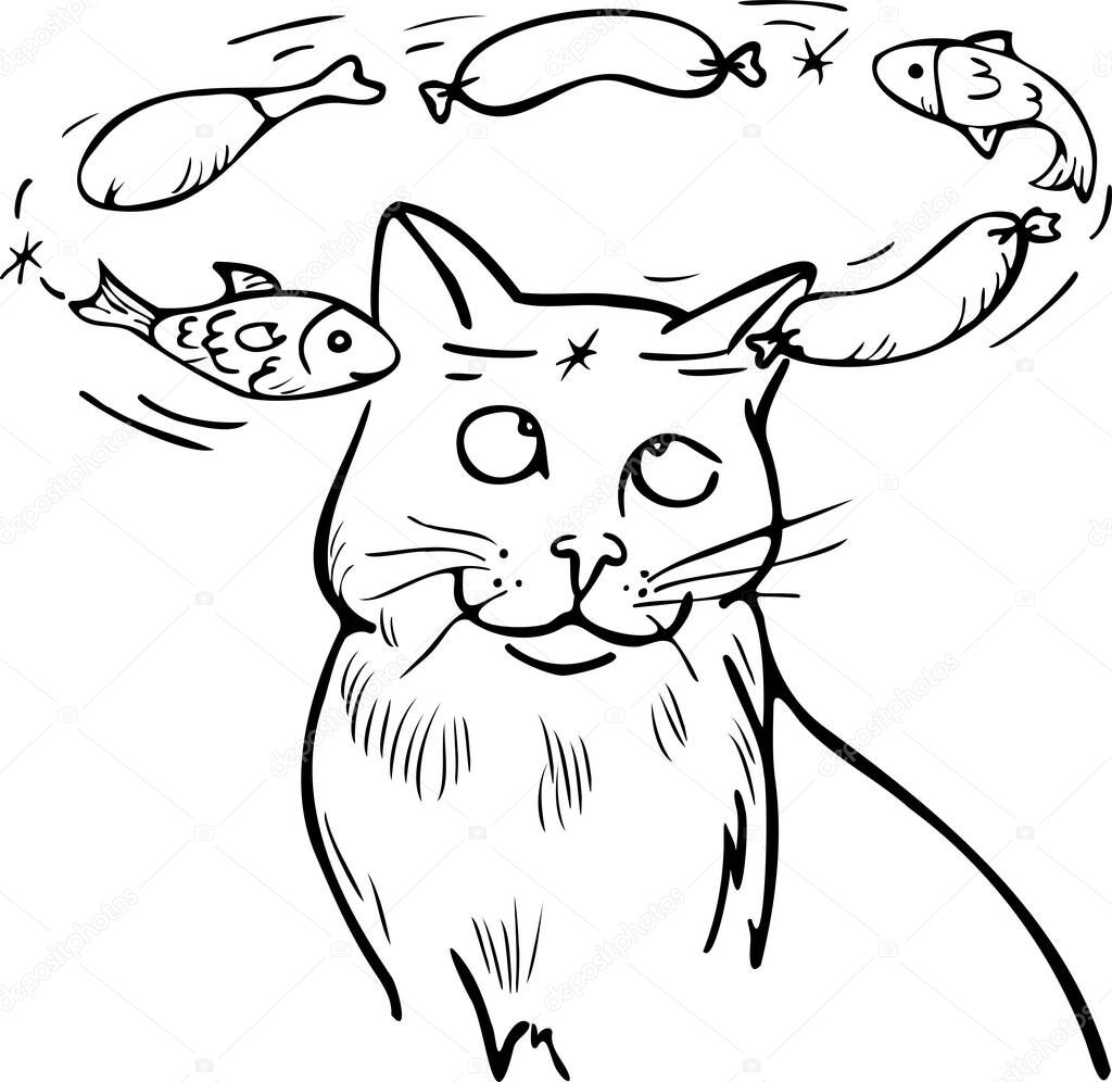 Vector illustration dizzy cat dreaming about delicacies - fish, sausages, chicken. Funny cartoon style cat.