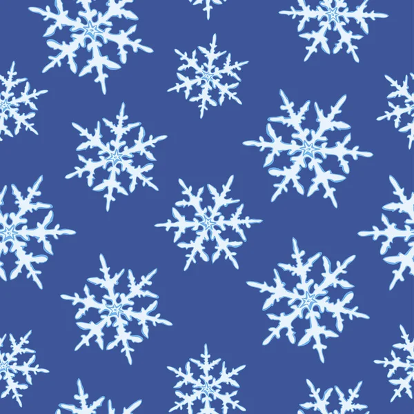 Patrón Sin Costura Vectorial Copos Nieve Aislados Sobre Fondo Azul — Vector de stock
