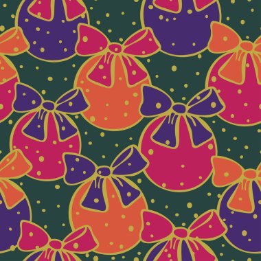 Renkli Noel süslemelerinin kusursuz deseni. Yeşil arka planda renkli Noel topları, yeni yıl tasarımı.