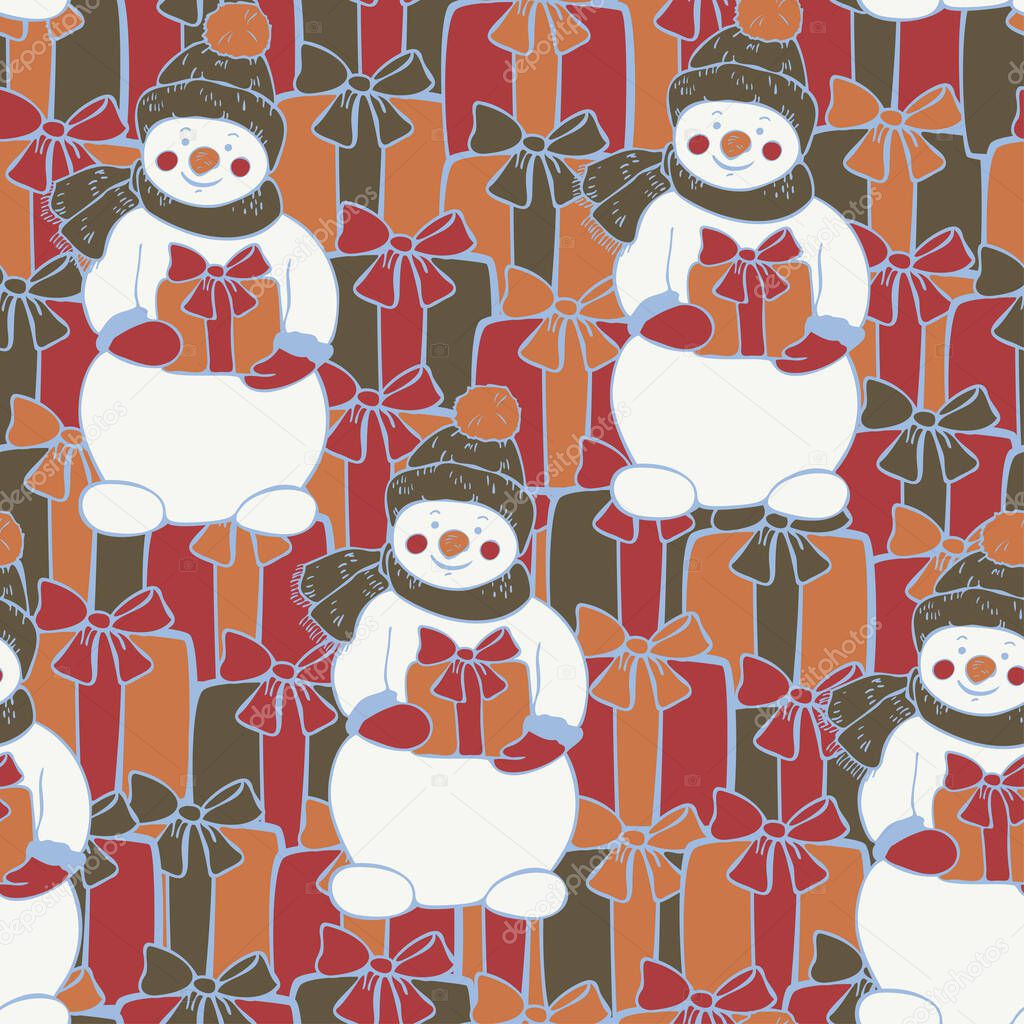 Vector seamless pattern of snowman holding gift box with gift boxes background. Design for wrapping paper for Christmas gifts.