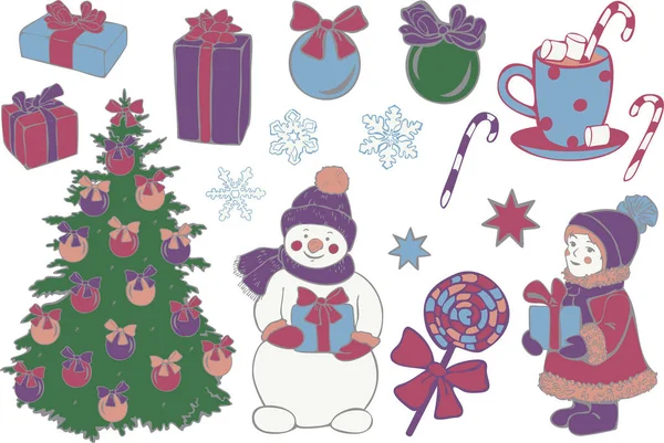 Grande Insieme Vettoriale Oggetti Natale Confezioni Regalo Albero Natale Decorazioni — Vettoriale Stock