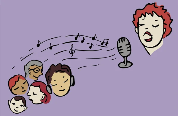 Ilustração Vetorial Mulher Cantando Estúdio Com Microfone Retrô Pessoas Ouvindo — Vetor de Stock