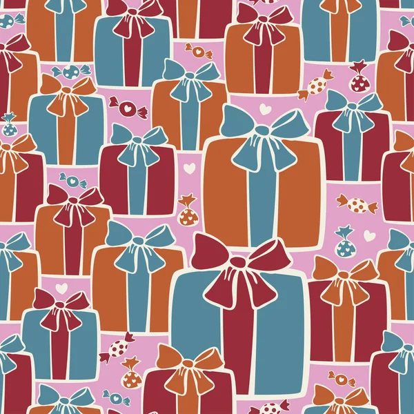 Векторный Бесшовный Рисунок Различных Красочных Подарочных Коробок Конфет Конструкция Упаковки — стоковый вектор