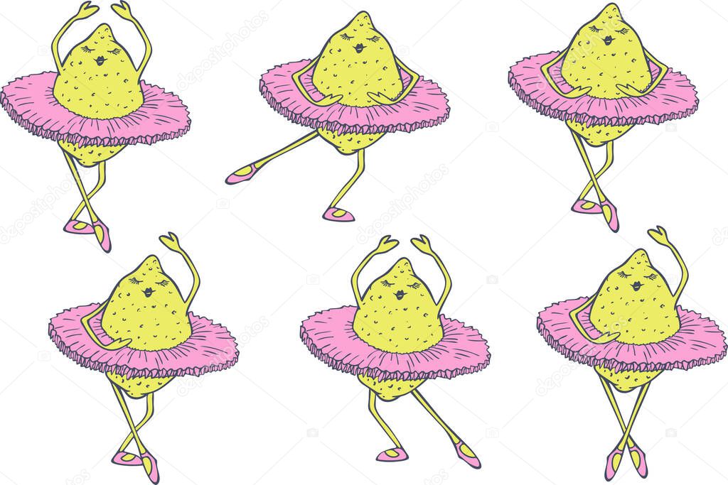 Vector illustration set of lemons dancing in ballet tutu. Dancing fruits design.