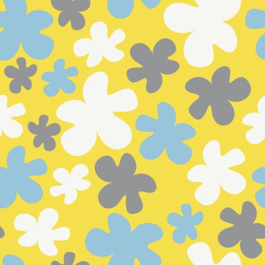 Soyut çiçek açan vektörlerin kusursuz desenleri. Nihai gri çiçekli botanik tasarımı, aydınlatıcı sarı, beyaz ve mavi renkler.