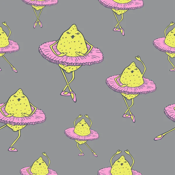 在芭蕾中跳舞的柠檬的矢量无缝图案 跳舞的水果设计 — 图库矢量图片