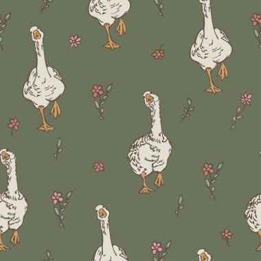 Yeşil arka planda dans eden kazlar ve çiçekler olan kusursuz bir model. Komik kuş doğal tasarımı.