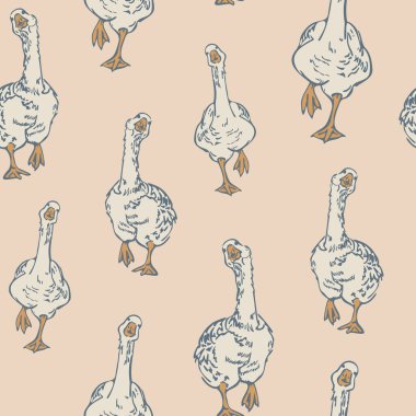 Hafif arka planda dans eden kazlar olan kusursuz bir model. Komik kuş tasarımı.