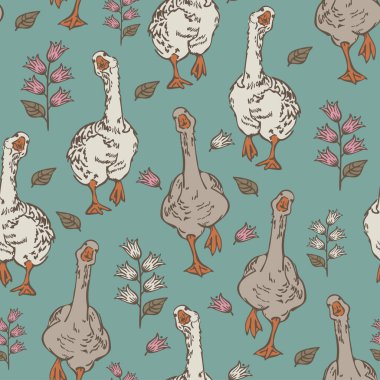 Mavi arka planda dans eden kazlar ve çiçekler olan kusursuz bir şekil. Komik kuş doğal tasarımı.