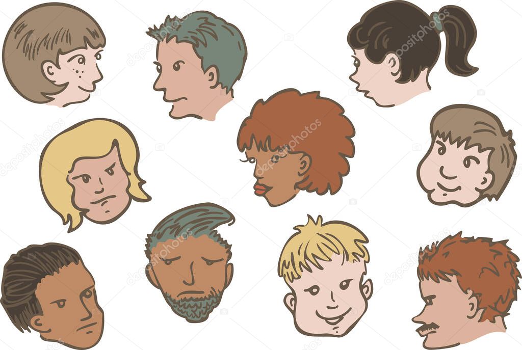 Vector collection with faces of different people with variety of emotions. Set of diverse cartoon characters faces.