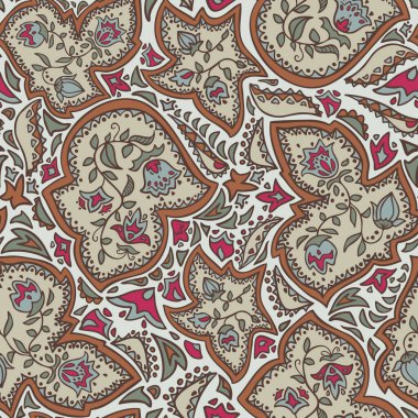 Gül çiçekleri, yapraklar ve soyut geometrik şekillerin vektörsüz desen dekorasyonu.