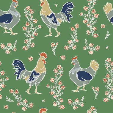 Horozlar ve soyut çiçeklerle kusursuz bir desen.