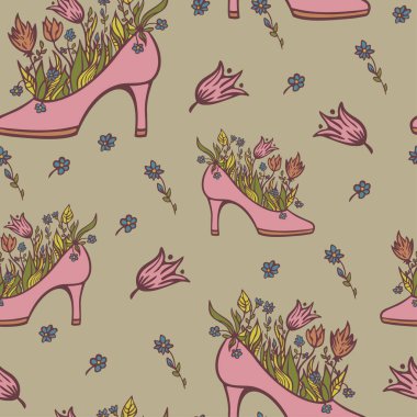 Çiçek açan yüksek topuklu ayakkabıların kusursuz deseni. Çiçekli kadın ayakkabısı. Kart, poster, afiş, tişört için baskı şablonu.