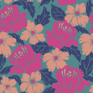 Soyut çiçekler açan, kusursuz bir deseni olan bir vektör. Coşkulu çiçek tasarımı.