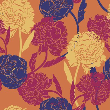 Turuncu arka planda şakayık desenleri olan kusursuz bir vektör deseni. Coşkulu çiçek tasarımı.