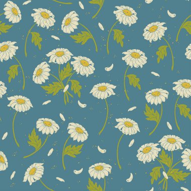 Papatyaları olan kusursuz bir şekil. Mavi arkaplanda vektör çiçek tasarımı.