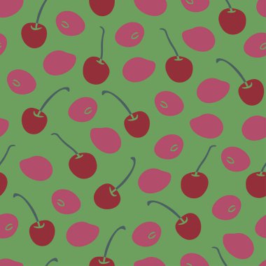 Yeşil zemin üzerinde olgun kirazlar olan kusursuz bir desen. Olgun meyve tasarımı.