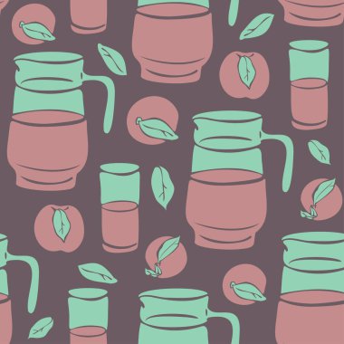 Sürahili ve meyvesi olan kusursuz bir şablon. Meyve suyu ve şeftalili sürahi..