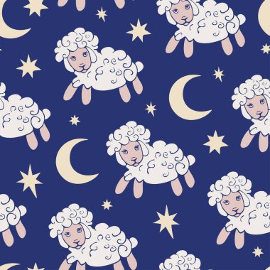 Gece gökyüzünde koyunları olan kusursuz bir model. Yatak odası için tekstil ya da pijama tasarımı.