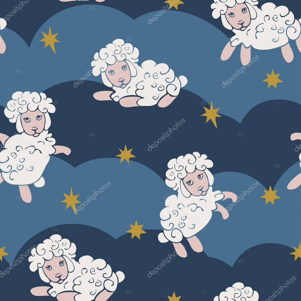 Vector seamless pattern with jumping sheep in night sky. Design for sleepwear or textile.