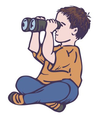 Dürbünlü oturan çocuğun renkli bir temsili. Küçük çocuk dürbünle bakıyor..