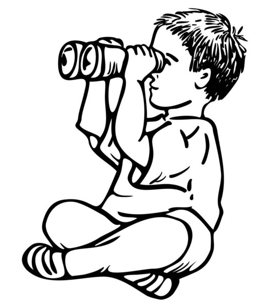 Vector black and white illustration of little boy is looking through binoculars. Design for coloring book.