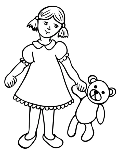 Vektor Fekete Fehér Illusztráció Kislány Játék Medve Kezében Lány Egy — Stock Vector