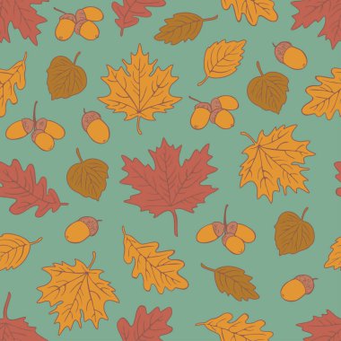 Parlak sonbahar yaprakları ve meşe palamudu ile pürüzsüz bir desen. Sonbahar tasarımı.