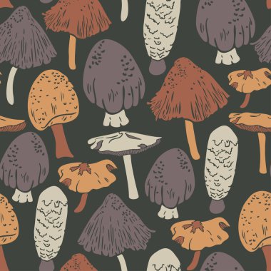 Koyu arkaplanda çeşitli mantarlar olan kusursuz bir model. Gri ve turuncu dekoratif mantarlar.