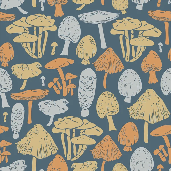 Vector seamless pattern with silhouettes of various mushrooms. Natural colours mushrooms on neutral background.