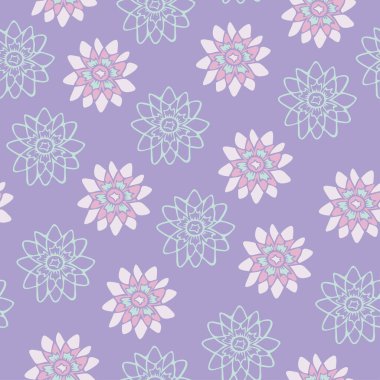 Mor arka planda dekoratif çiçekleri olan kusursuz bir desen. Yumuşak çiçek tasarımı.