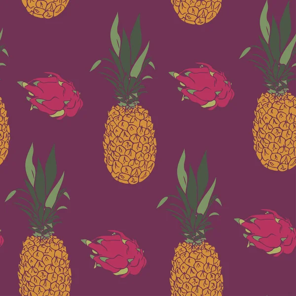 用菠萝和龙果制成的病媒无缝图案 阿纳那和皮塔雅鲜艳的色彩设计 — 图库矢量图片
