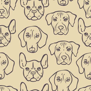 Köpek kafalarının ana hatlarıyla kusursuz bir şablon. Farklı köpeklerin portreleriyle tasarım.