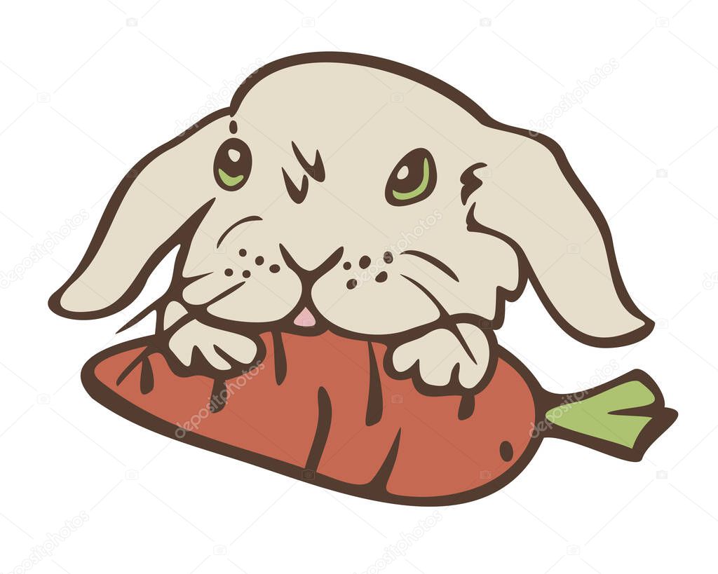 Vector illustration of little rabbit with carrot in his paws. Design with cute bunny for sticker, postcard, children books.