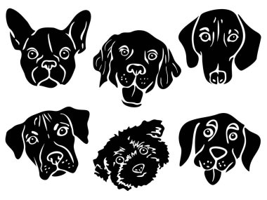 Köpek yüzlerinin siluetleri ile vektör illüstrasyonu ayarlandı. Siyah beyaz köpek portreleri koleksiyonu.