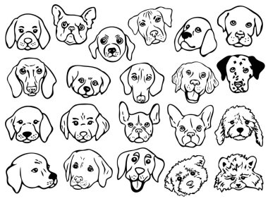 Farklı köpek yüzlerinin ana hatlarıyla vektör illüstrasyon seti. Komik köpek portreleri..