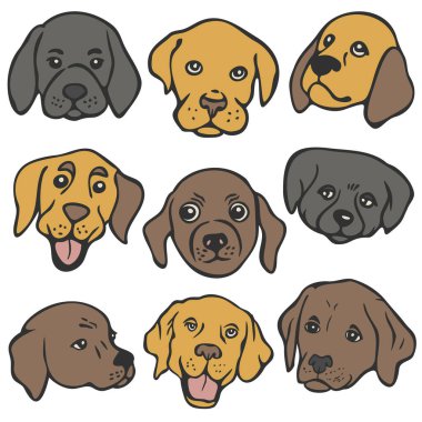 Süslü köpek yüzlü vektör çizimi. Farklı türde köpek koleksiyonu..