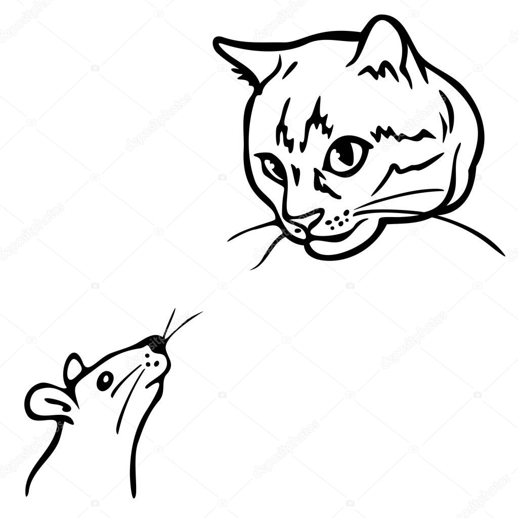 Vector illustration with cat and mouse. Outline hand drawn illustration. Design for coloring book.