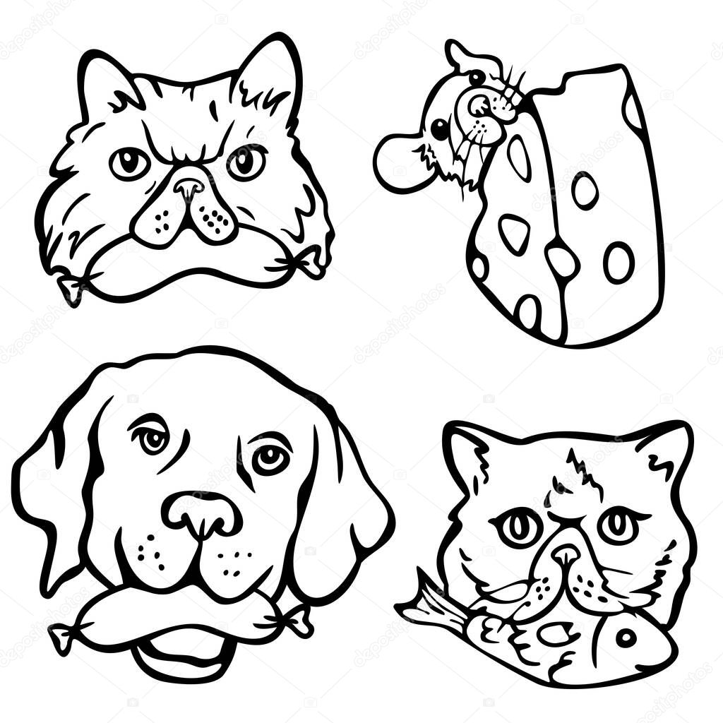 Vector illustration collection of outline hand drawn pets faces with food in their mouthes. Cat and dog are eating sausages, cat is eating fish and mouse is eating cheese.